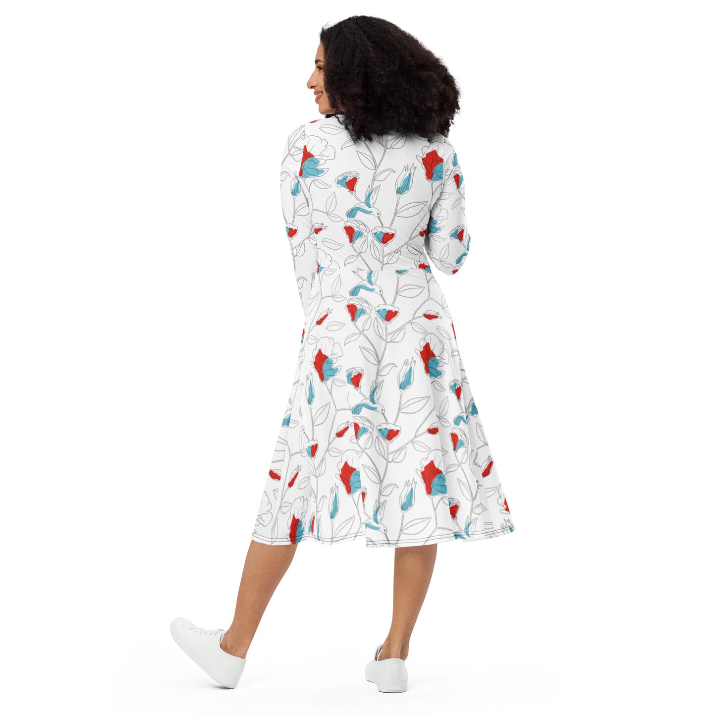Hummingbird All-over print long sleeve midi dress