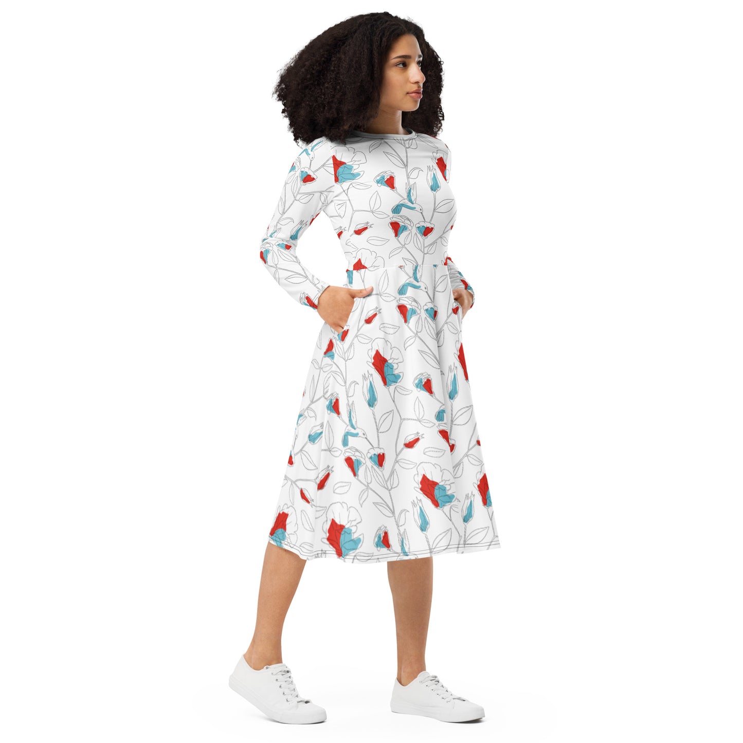 Hummingbird All-over print long sleeve midi dress