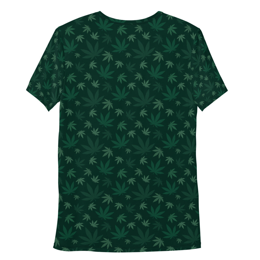 back of dark grren tshirt with shades of green marijuana leaves pattern