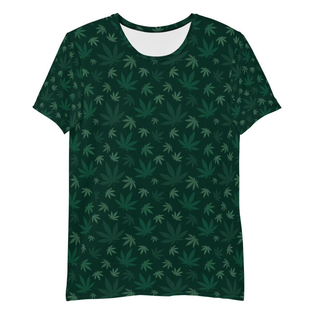 dark green tshirt with shades of green marijuana leaves pattern