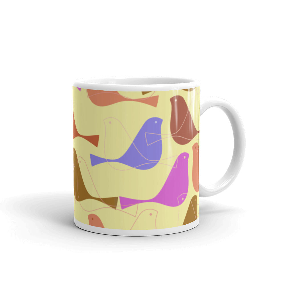 Yellow Birds White glossy mug
